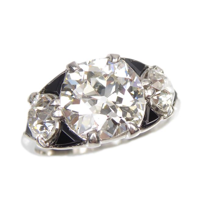 Diamond three stone and onyx navette cluster ring | MasterArt